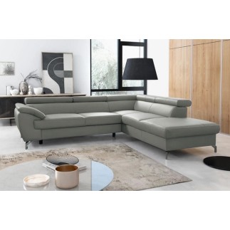 Canapé d'angle convertible en cuir italien de luxe 5/6 places FINLANDE avec coffre, gris clair, angle droit
