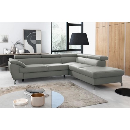 Canapé d'angle convertible en cuir italien de luxe 5/6 places FINLANDE avec coffre, gris clair, angle droit