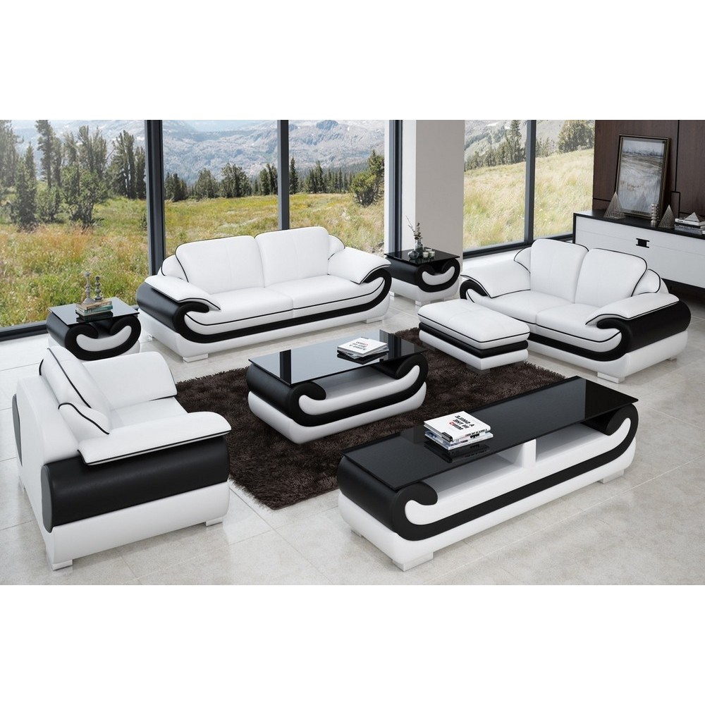 Ensemble canapé 3 places et 2 places et fauteuil en cuir italien vachette CANDIDE, couleur blanc et noir