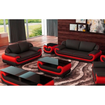 Ensemble canapé 3 places et 2 places en cuir italien vachette CANDIDE, noir et rouge