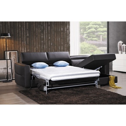 Canapé d'angle convertible en cuir de buffle italien de luxe 5 places ANTHONY, noir, angle droit,