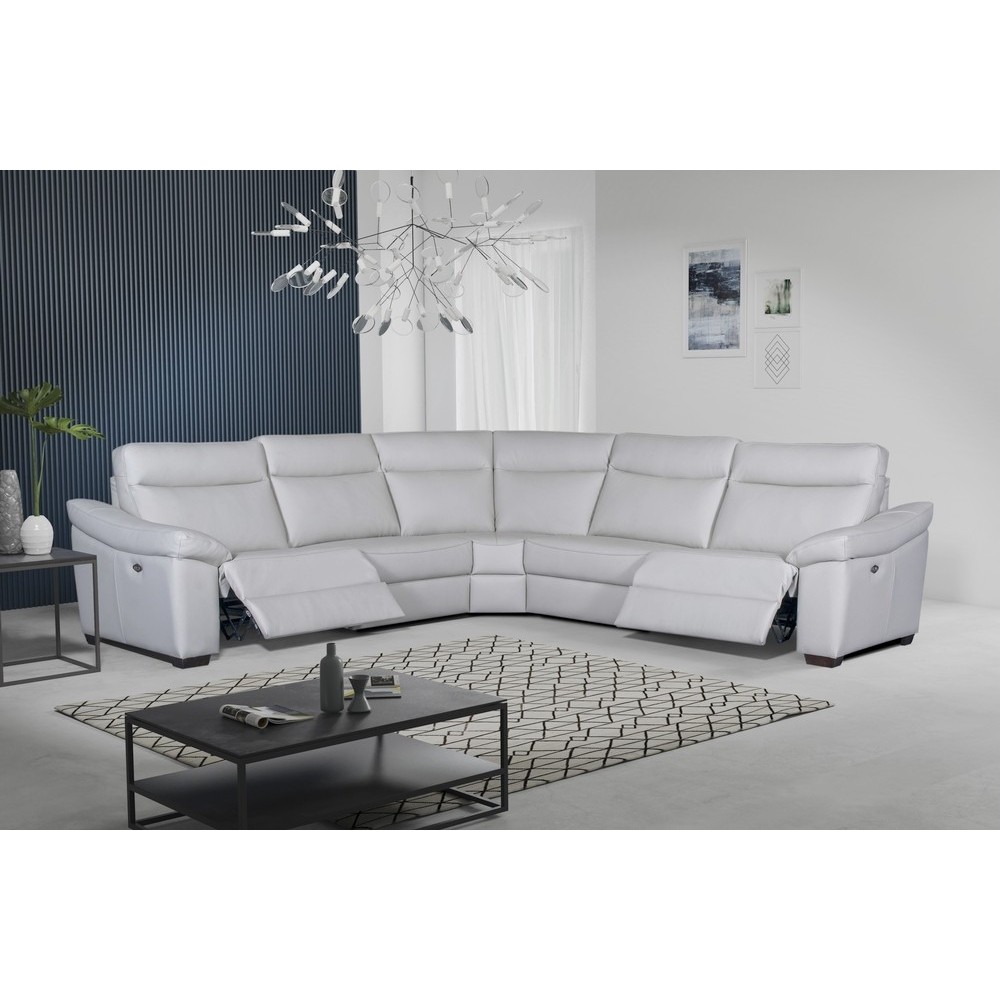 Canapé d'angle double relax en 100% tout cuir épais de luxe italien avec 2 relax électrique, 6/7 places, DAKOTA, blanc cassé