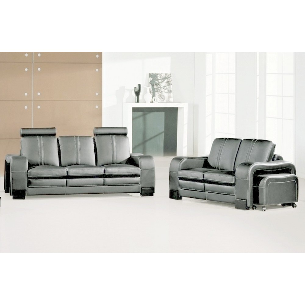 Ensemble composé d'un canapé 3 places et d'un canapé 2 places cuir luxe italien, AVEC UN POUF REPOSE PIED OFFERT, ROSSO, gris fo