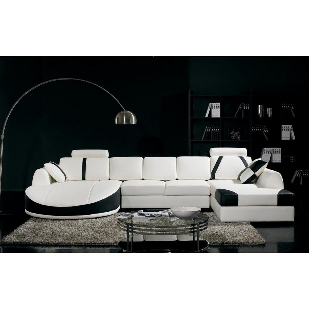 Canapé d'angle en cuir italien 7/8 places OSCAR NAPLES, blanc et noir