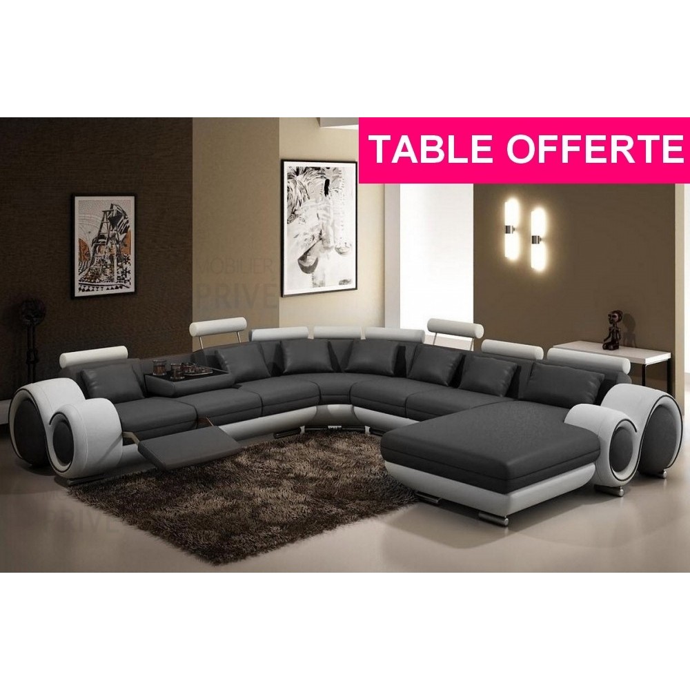 Canapé d'angle en cuir italien 8 places carlton, gris foncé et blanc - Table ronde offerte, angle gauche