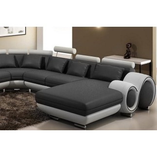 Canapé d'angle en cuir italien 8 places carlton, gris foncé et blanc - Table ronde offerte