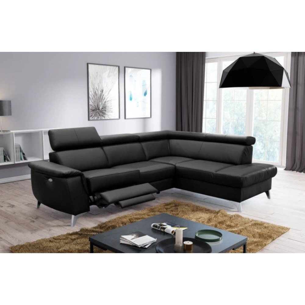 Canapé d'angle en cuir italien de luxe 5/6 places avec relax électrique et coffre, LINCOLN, noir, angle droit