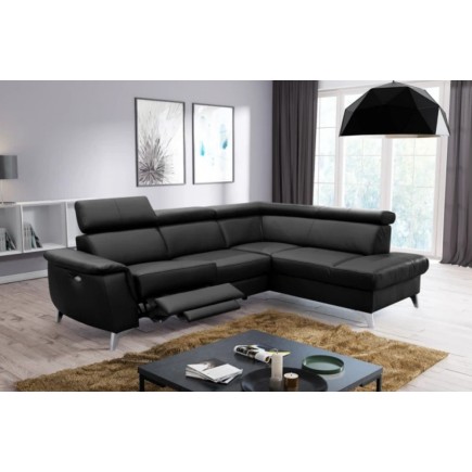 Canapé d'angle en cuir italien de luxe 5/6 places avec relax électrique et coffre, LINCOLN, noir, angle droit