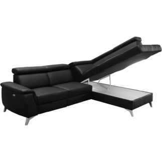 Canapé d'angle en cuir italien de luxe 5/6 places avec relax électrique et coffre, LINCOLN, noir, angle droit
