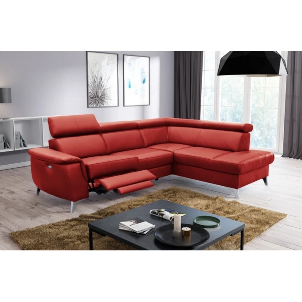 Canapé d'angle en cuir italien de luxe 5/6 places avec relax électrique et coffre, LINCOLN, rouge foncé, angle droit