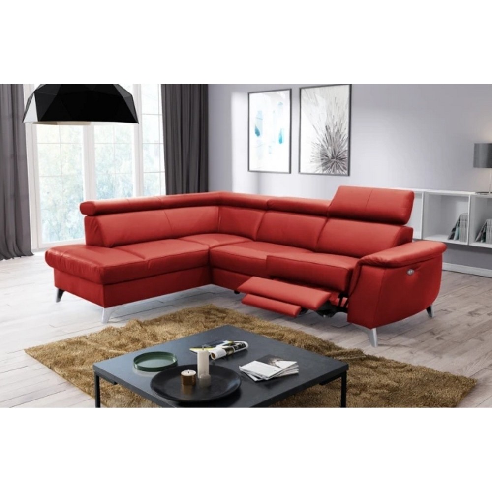 Canapé d'angle en cuir italien de luxe 5/6 places avec relax électrique et coffre, LINCOLN, rouge foncé, angle gauche