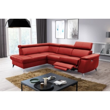Canapé d'angle en cuir italien de luxe 5/6 places avec relax électrique et coffre, LINCOLN, rouge foncé, angle gauche