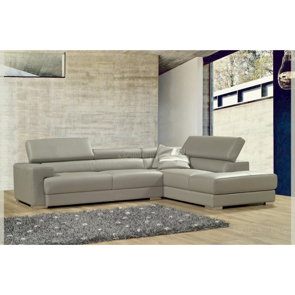 Canapé d'angle en cuir italien 5 places BONO, gris clair, angle droit