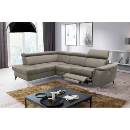 Canapé d'angle en cuir italien de luxe 5/6 places avec relax électrique et coffre, LINCOLN, TAUPE, angle gauche
