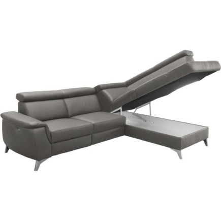 Canapé d'angle en cuir italien de luxe 5/6 places avec relax électrique et coffre, LINCOLN, gris foncé, angle droit