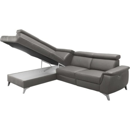 Canapé d'angle en cuir italien de luxe 5/6 places avec relax électrique et coffre, LINCOLN, gris foncé, angle gauche