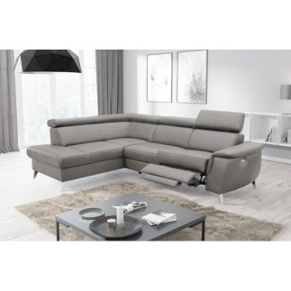 Canapé d'angle en cuir italien de luxe 5/6 places avec relax électrique et coffre, LINCOLN, gris clair, angle gauche