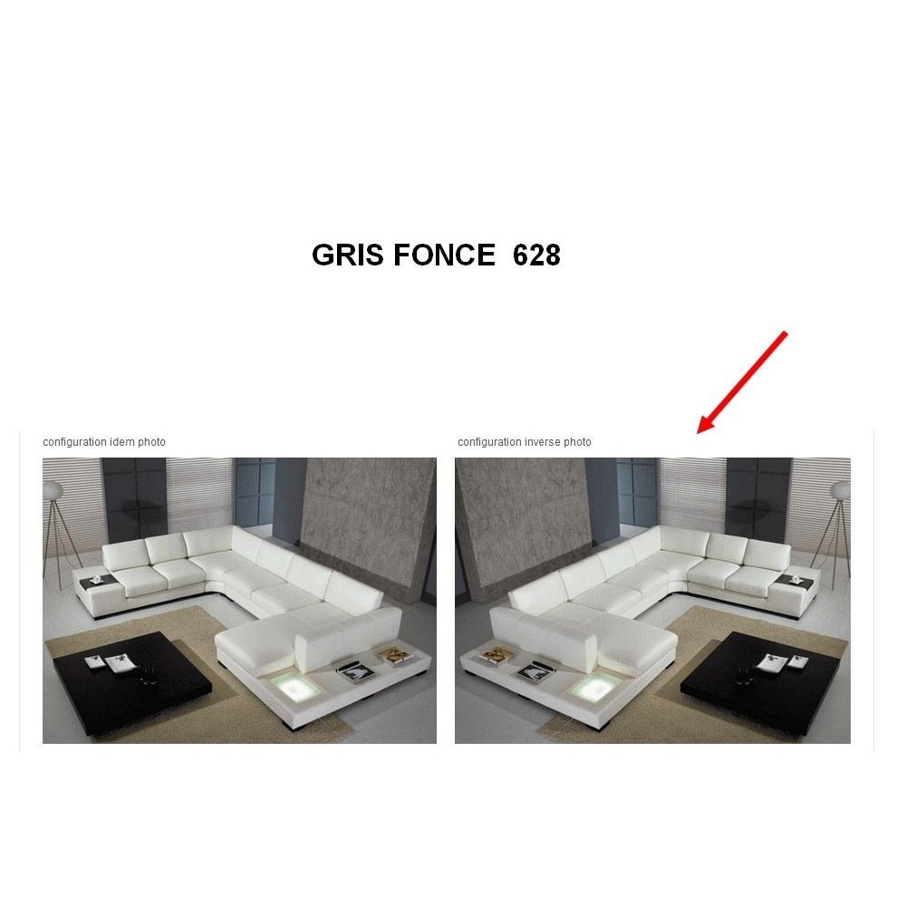 SOLDE de la commande : Canapé d'angle MONACO en cuir haut de gamme italien gris foncé 628, inverse photo du site, soit méridienn