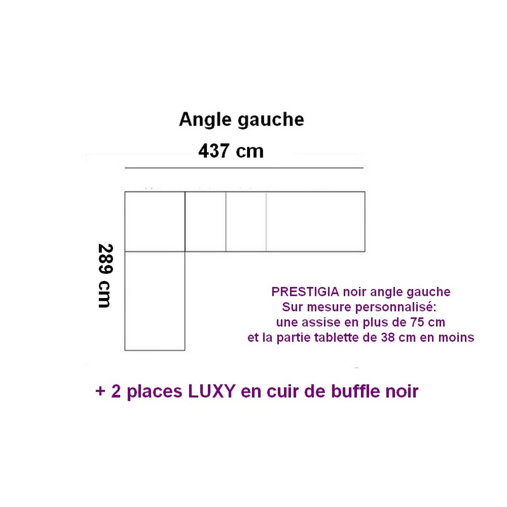 solde paiement commande: Canapé d'angle cuir buffle italien luxe PRESTIGIA noir angle gauche, Sur mesure personnalisé: une assis