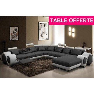 Canapé d'angle en cuir italien 8 places carlton, gris foncé et blanc - Table ronde offerte