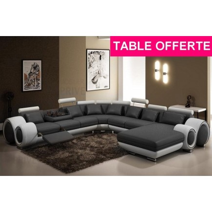 Canapé d'angle en cuir italien 8 places carlton, gris foncé et blanc - Table ronde offerte