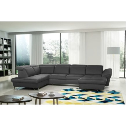 Canapé d'angle en 100% tout cuir italien de luxe 8 places convertible et coffre, DENY, gris foncé, angle gauche