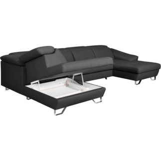 Canapé d'angle en 100% tout cuir italien de luxe 8 places convertible et coffre, DENY, gris foncé, angle gauche