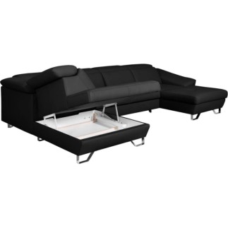 - Canapé d'angle en 100% tout cuir italien de luxe 8 places convertible et coffre, DENY, noir, angle gauche