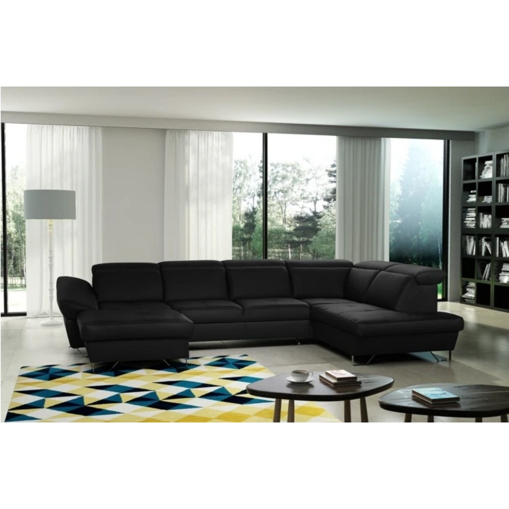 Canapé d'angle en 100% tout cuir italien de luxe 8 places convertible et coffre, DENY, noir, angle droit