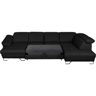 Canapé d'angle en 100% tout cuir italien de luxe 8 places convertible et coffre, DENY, noir, angle droit