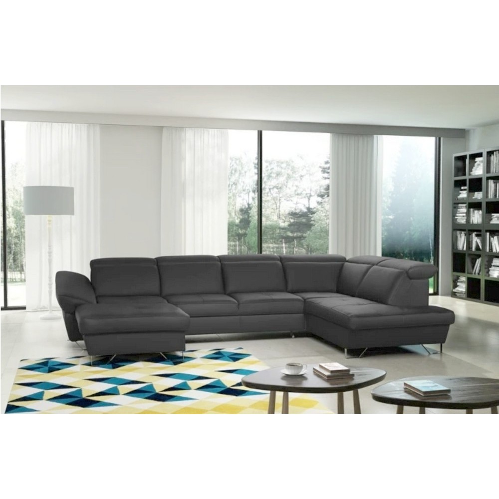 Canapé d'angle en 100% tout cuir italien de luxe 8 places convertible et coffre, DENY, gris foncé, angle droit