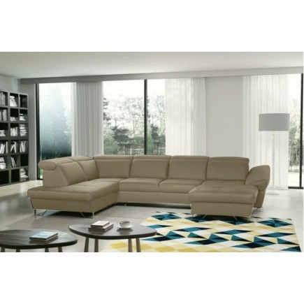 Canapé d'angle en 100% tout cuir italien de luxe 8 places convertible et coffre, DENY, taupe, angle gauche