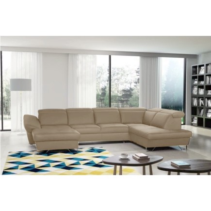 Canapé d'angle en 100% tout cuir italien de luxe 8 places convertible et coffre, DENY, beige, angle droit