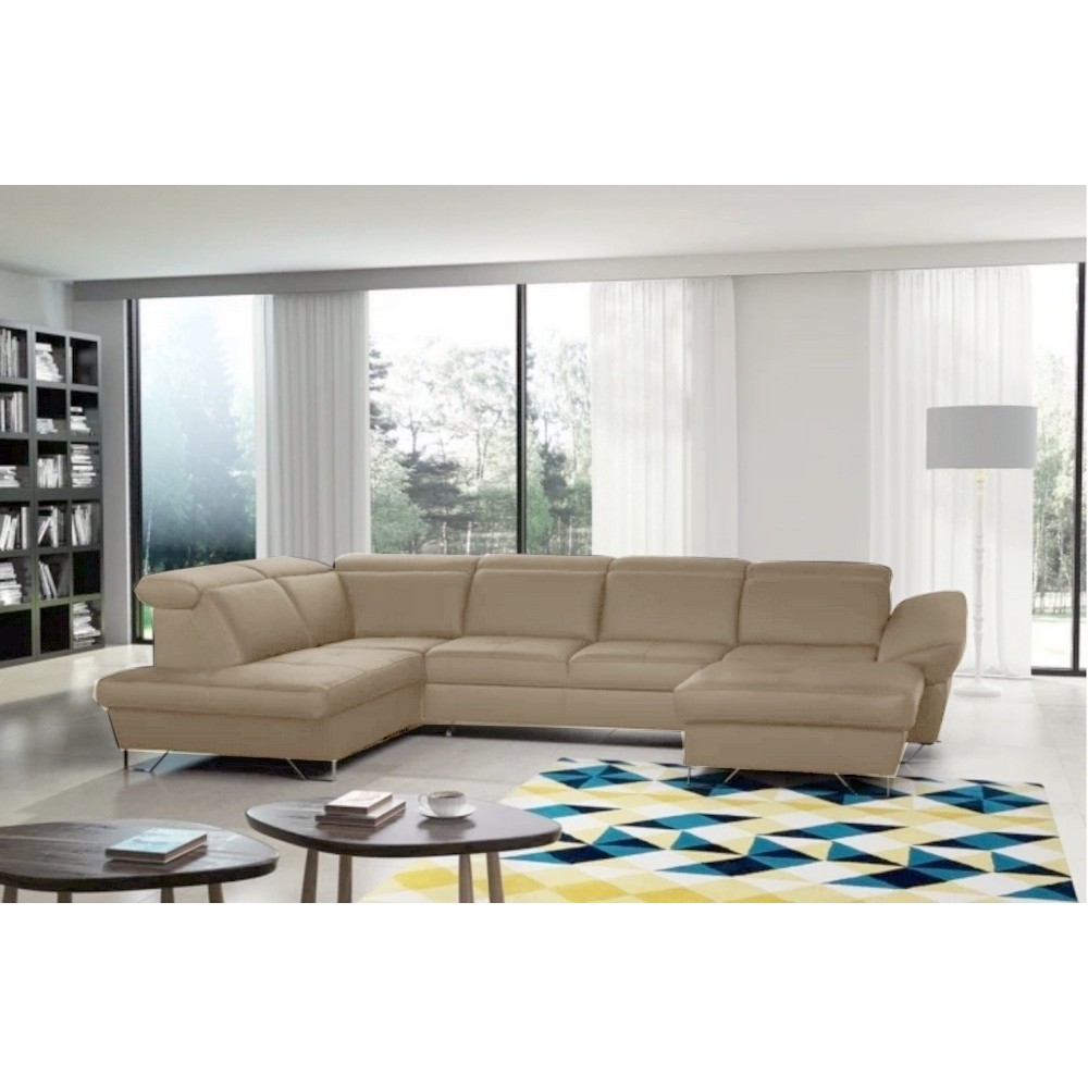 Canapé d'angle en 100% tout cuir italien de luxe 8 places convertible et coffre, DENY, beige, angle gauche