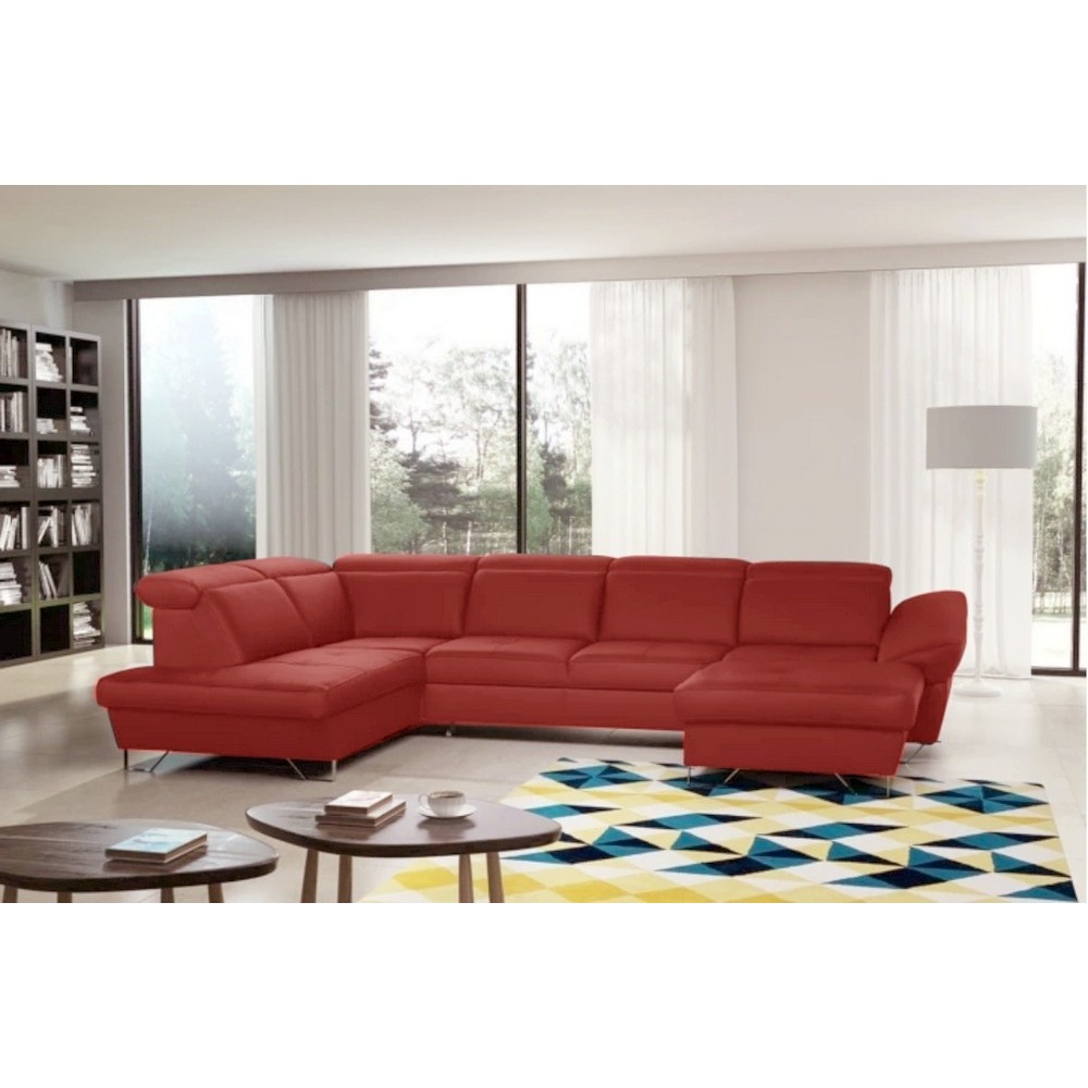 - Canapé d'angle en 100% tout cuir italien de luxe 8 places convertible et coffre, DENY, rouge foncé, angle gauche