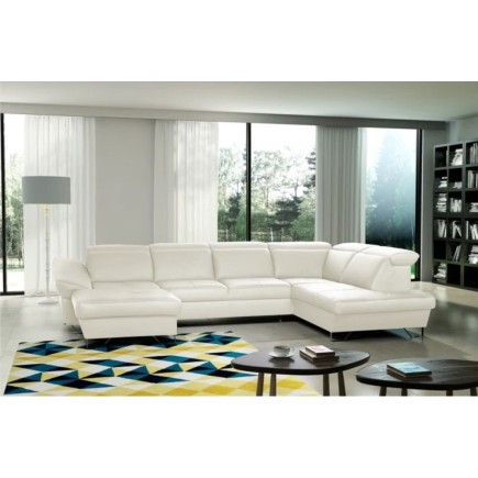 Canapé d'angle en 100% tout cuir italien de luxe 8 places convertible et coffre, DENY, blanc cassé, angle droit