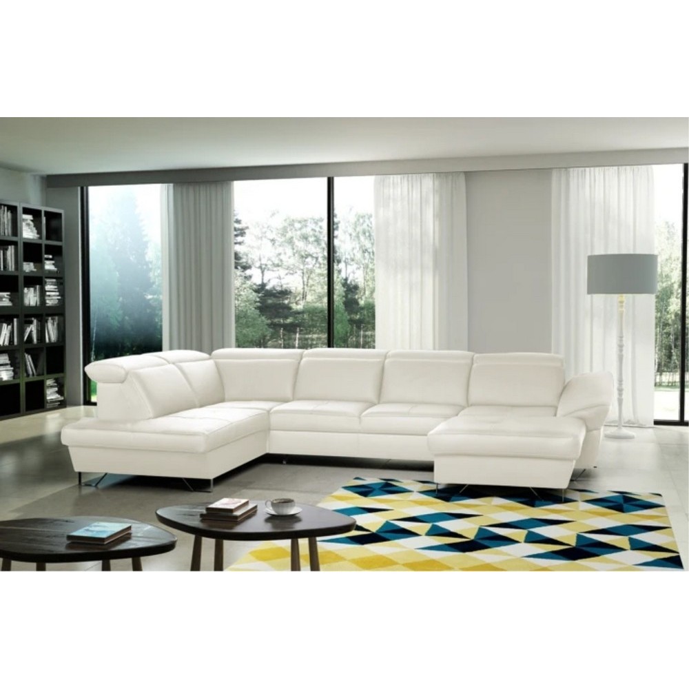 Canapé d'angle en 100% tout cuir italien de luxe 8 places convertible et coffre, DENY, blanc cassé, angle gauche