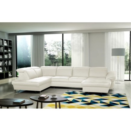 Canapé d'angle en 100% tout cuir italien de luxe 8 places convertible et coffre, DENY, blanc cassé, angle gauche