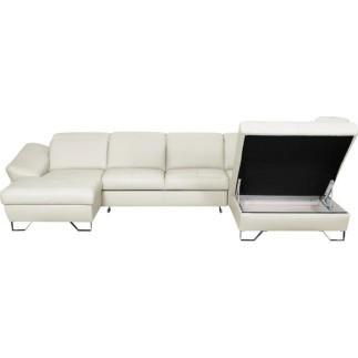 Canapé d'angle en 100% tout cuir italien de luxe 8 places convertible et coffre, DENY, blanc cassé, angle gauche