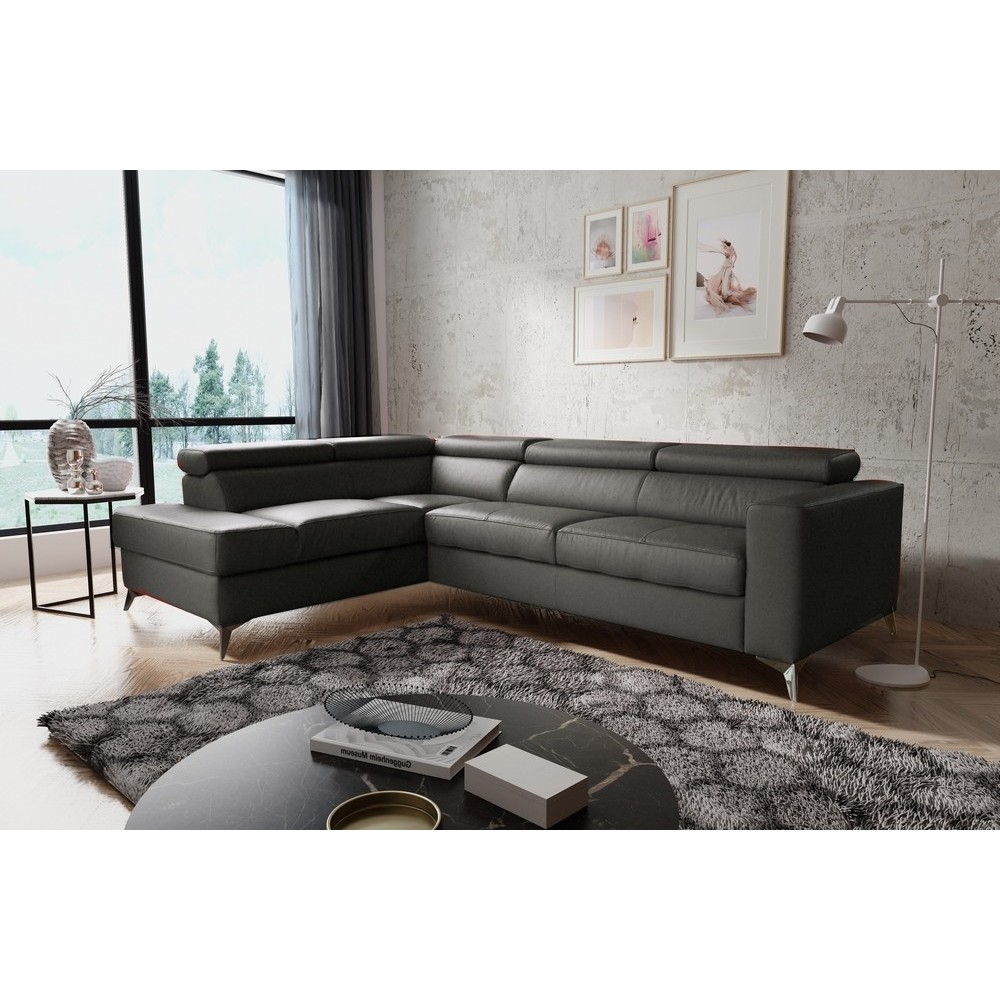 Canapé d'angle convertible en cuir italien de luxe 5/6 places avec coffre, MONZA, gris foncé, angle gauche