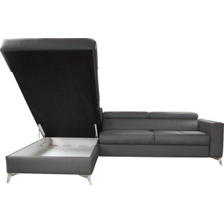 Canapé d'angle convertible en cuir italien de luxe 5/6 places avec coffre, MONZA, gris foncé, angle gauche