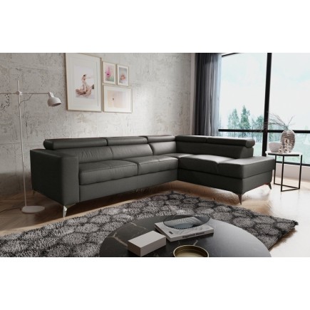 Canapé d'angle convertible en cuir italien de luxe 5/6 places avec coffre, MONZA, gris foncé, angle droit