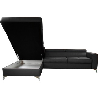 Canapé d'angle convertible en cuir italien de luxe 5/6 places avec coffre, MONZA, noir, angle gauche