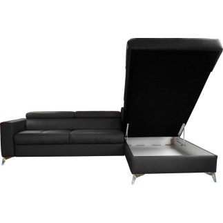Canapé d'angle convertible en cuir italien de luxe 5/6 places avec coffre, MONZA, noir, angle droit