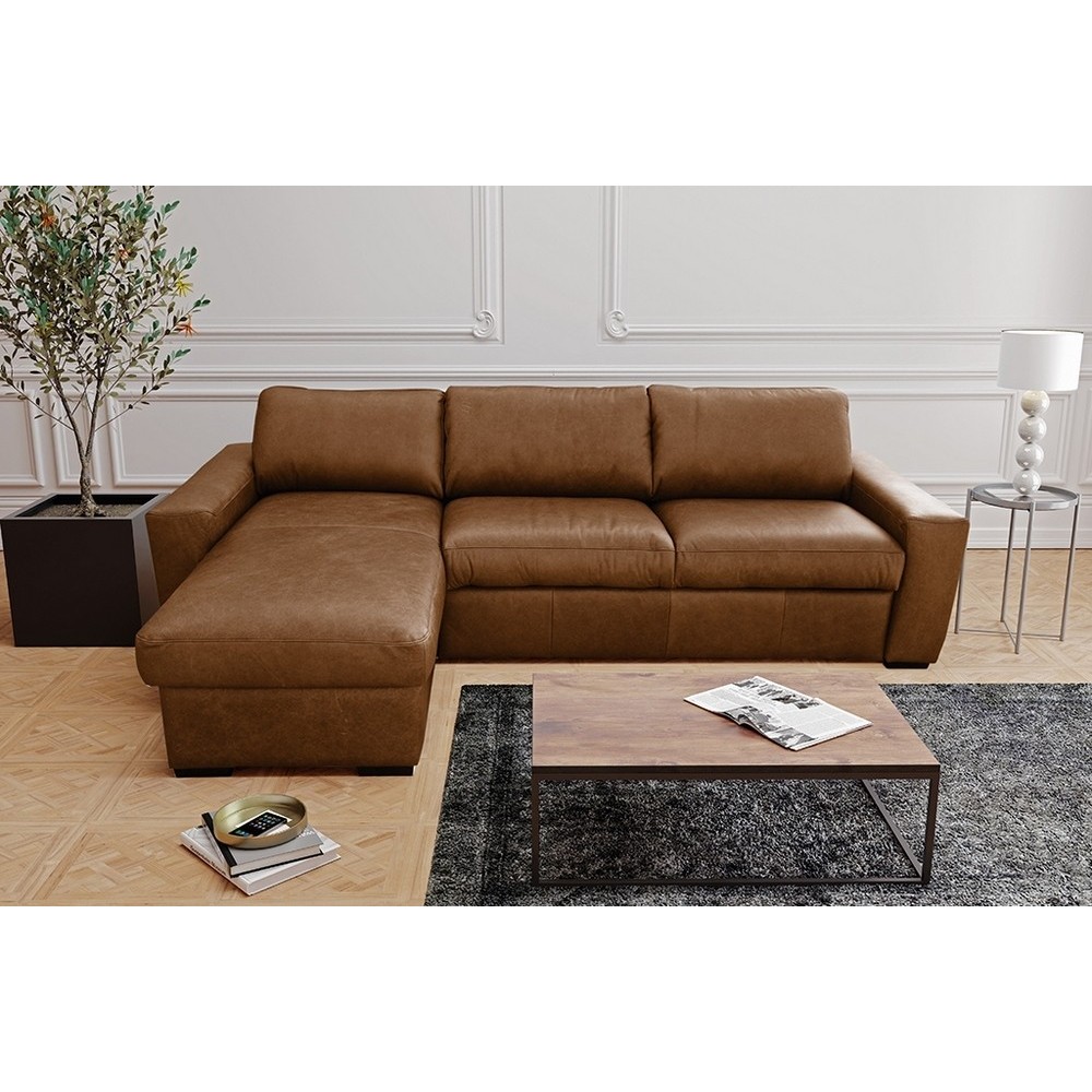 - Canapé d'angle en 100% tout cuir italien de luxe 5 places convertible et coffre, marron, angle gauche, CLINTON