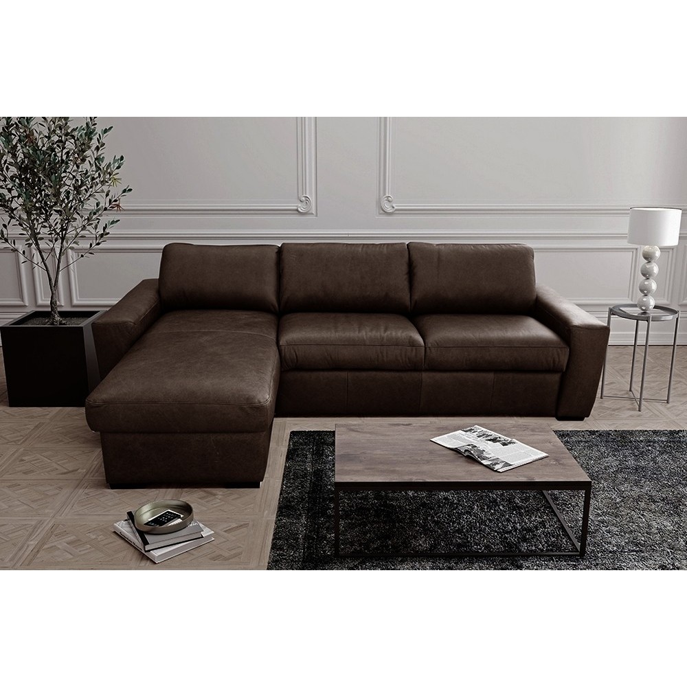 Canapé d'angle en 100% tout cuir italien de luxe 5 places convertible et coffre, chocolat, angle gauche, CLINTON