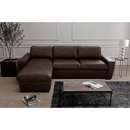 Canapé d'angle en 100% tout cuir italien de luxe 5 places convertible et coffre, chocolat, angle gauche, CLINTON