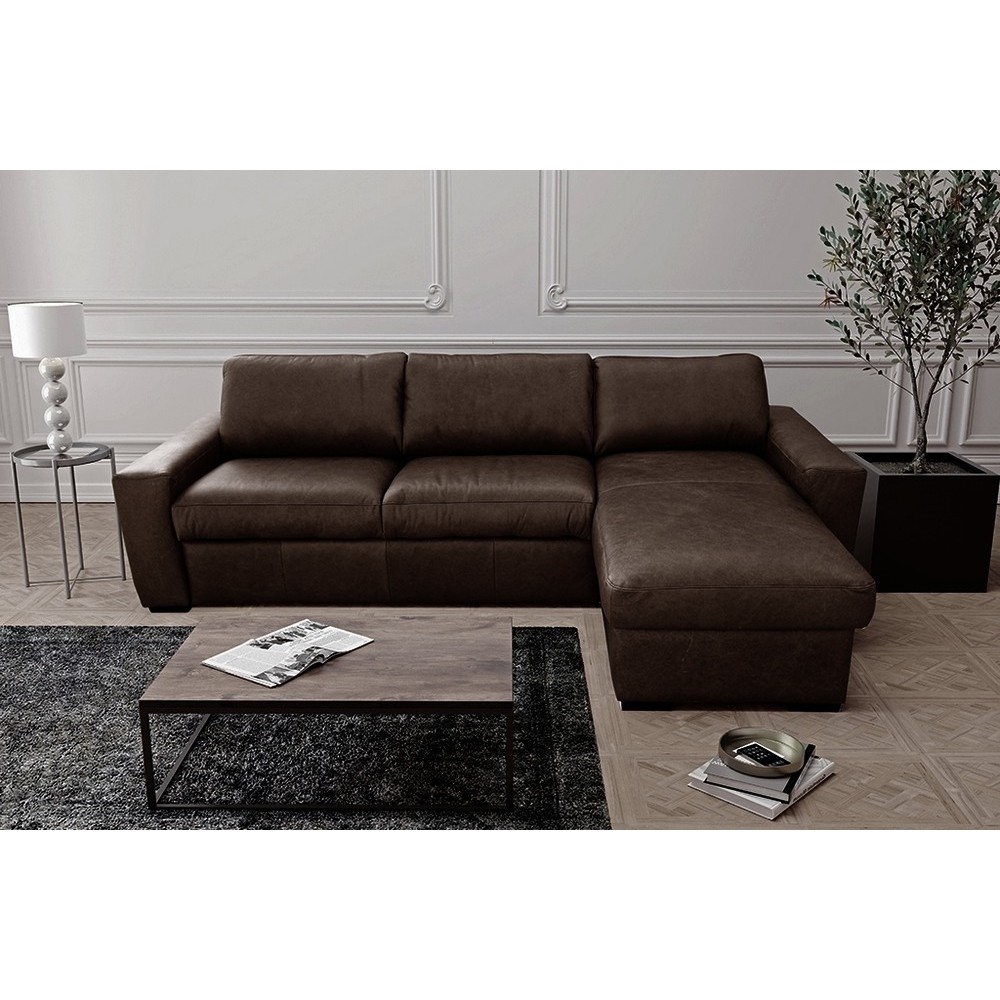 Canapé d'angle en 100% tout cuir italien de luxe 5 places convertible et coffre, chocolat, angle droit, CLINTON