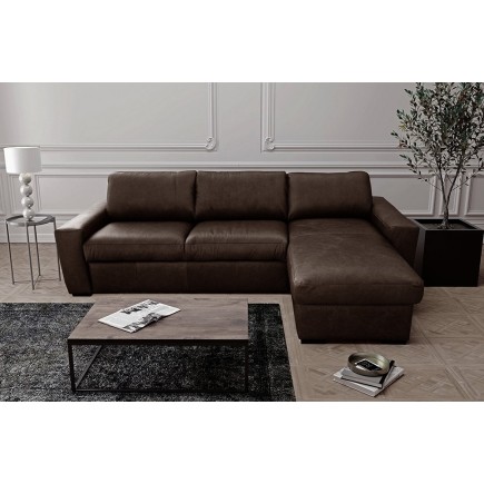 Canapé d'angle en 100% tout cuir italien de luxe 5 places convertible et coffre, chocolat, angle droit, CLINTON