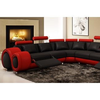 Canapé d'angle en cuir italien 7 places EXCELIA, noir et rouge, angle gauche, avec 2 poufs offerts